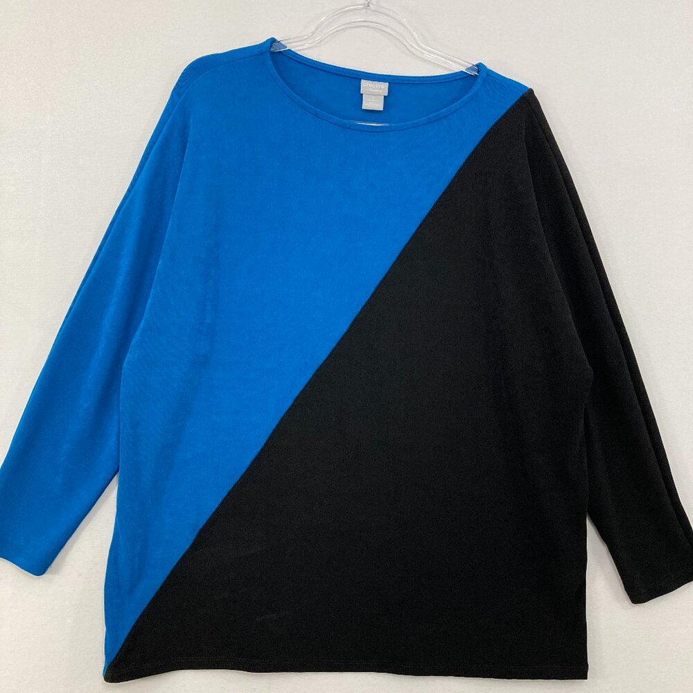 Chico's Travelers size 12 Blue Black Color-Block Stretch Slinky Knit Top Comfy